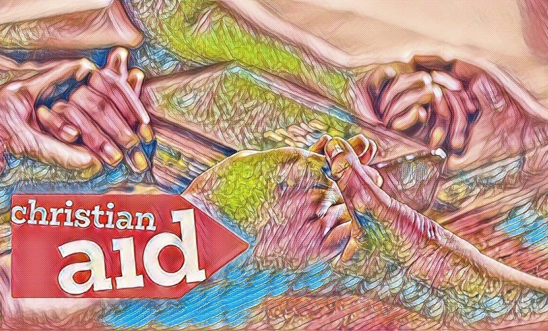 A watercolour-style image of pinks, greens and blues, of hands holding hands on a table, with a bible in the middle. The Christian Aid logo is in the bottom left hand corner.